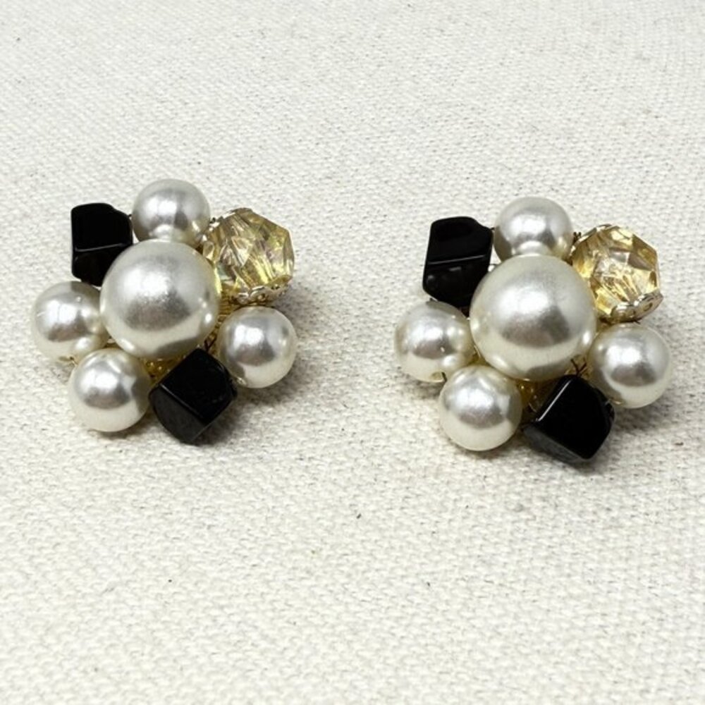 Vintage Cluster Bead Earrings Marked Japan Black Faux Pearls Clip-On Retro